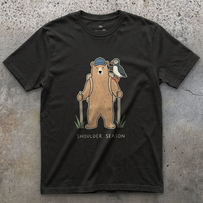 Shoulder Season, Bear and Puffin design on a Black Gildan Softstyle t-shirt