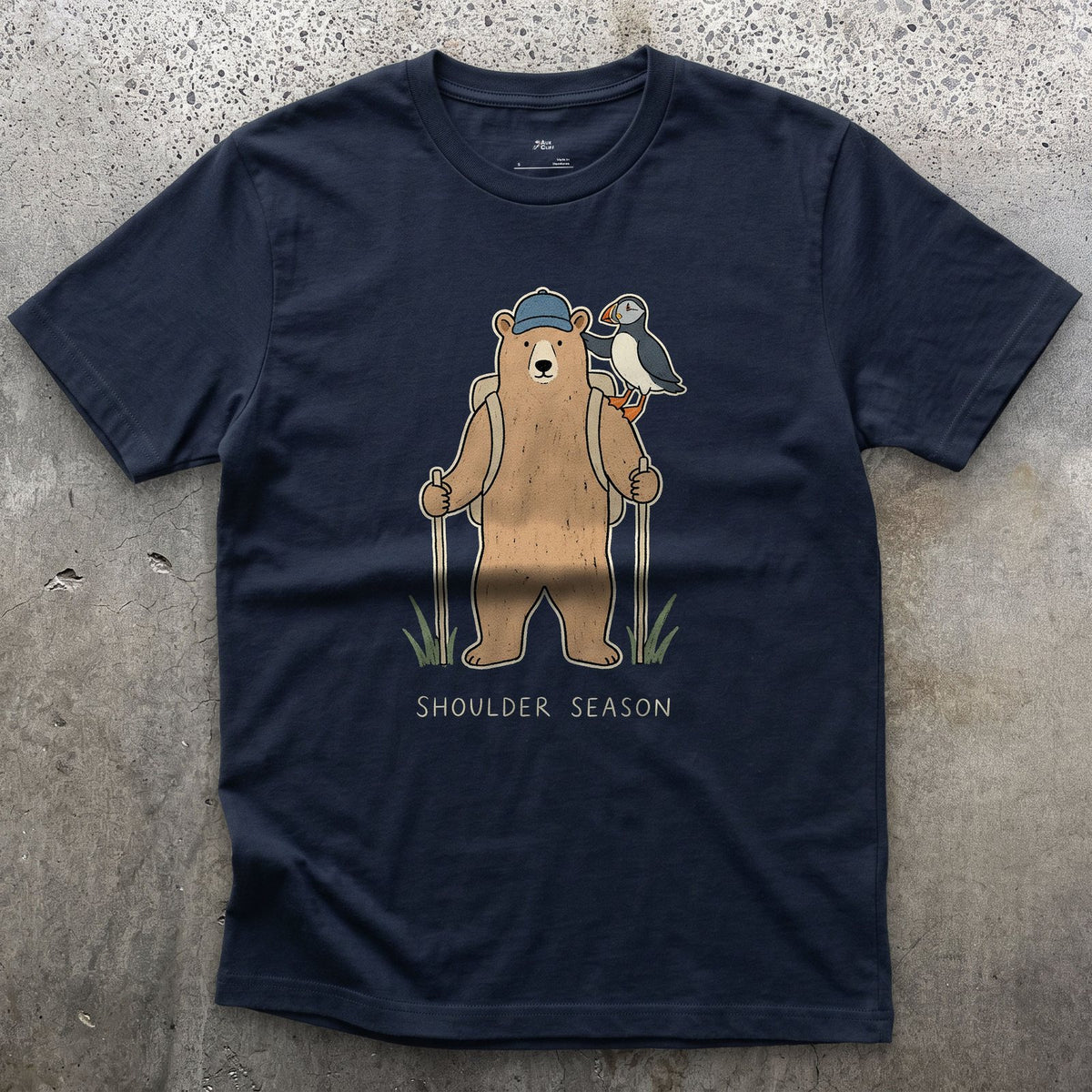 Shoulder Season, Bear and Puffin design on a Navy Gildan Softstyle t-shirt