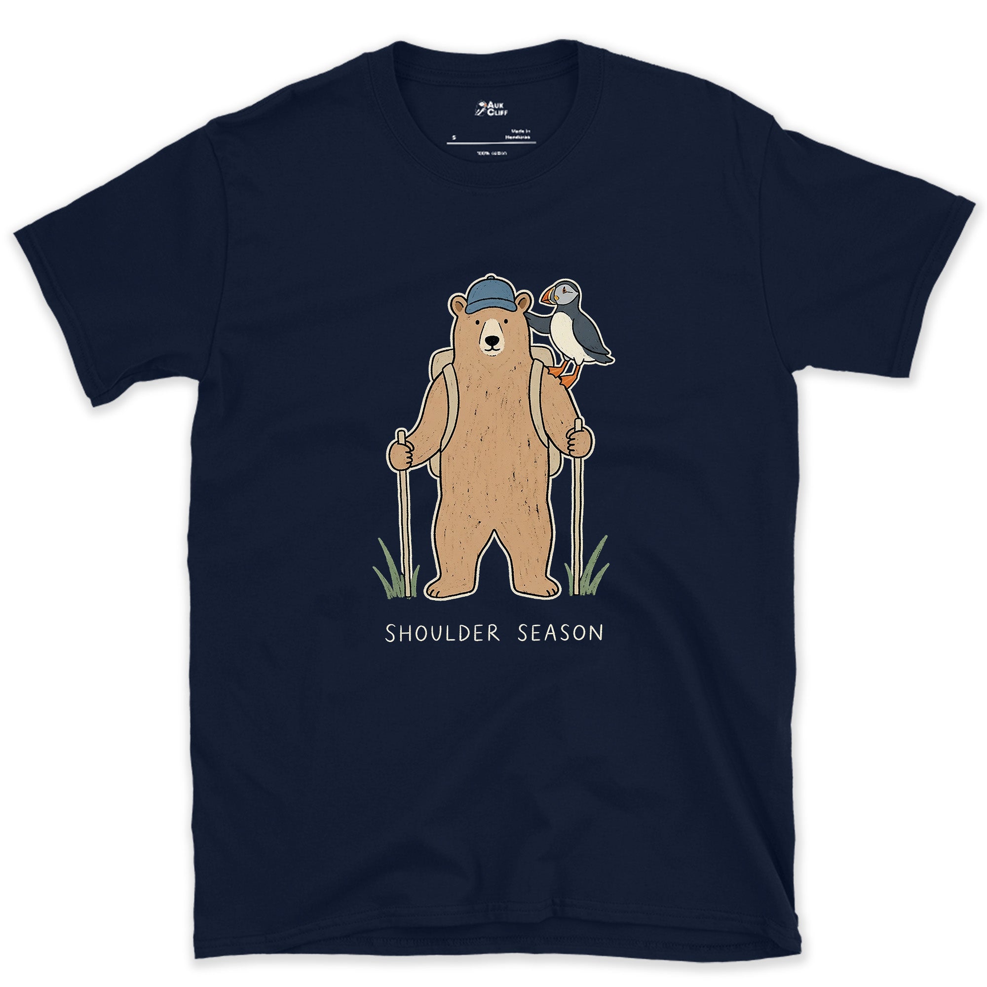 Shoulder Season, Bear and Puffin design on a Navy Gildan Softstyle t-shirt