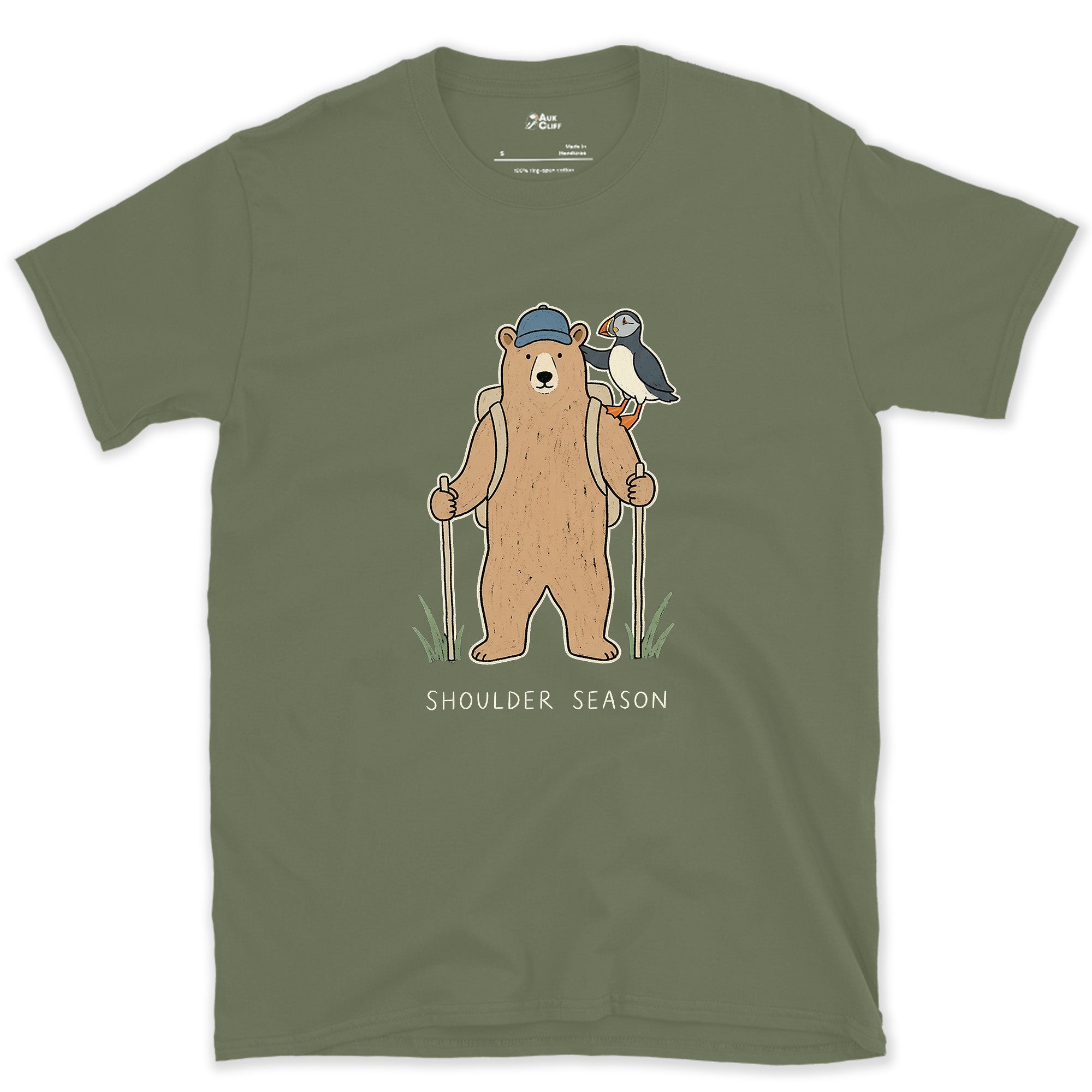 Shoulder Season, Bear and Puffin design on a Military Green Gildan Softstyle t-shirt