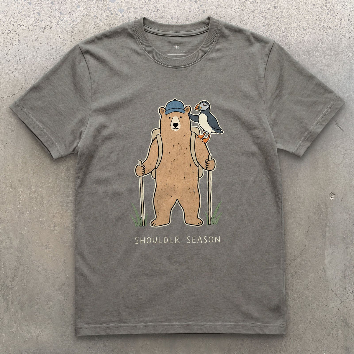 Shoulder Season, Bear and Puffin design on a Charcoal Gildan Softstyle t-shirt