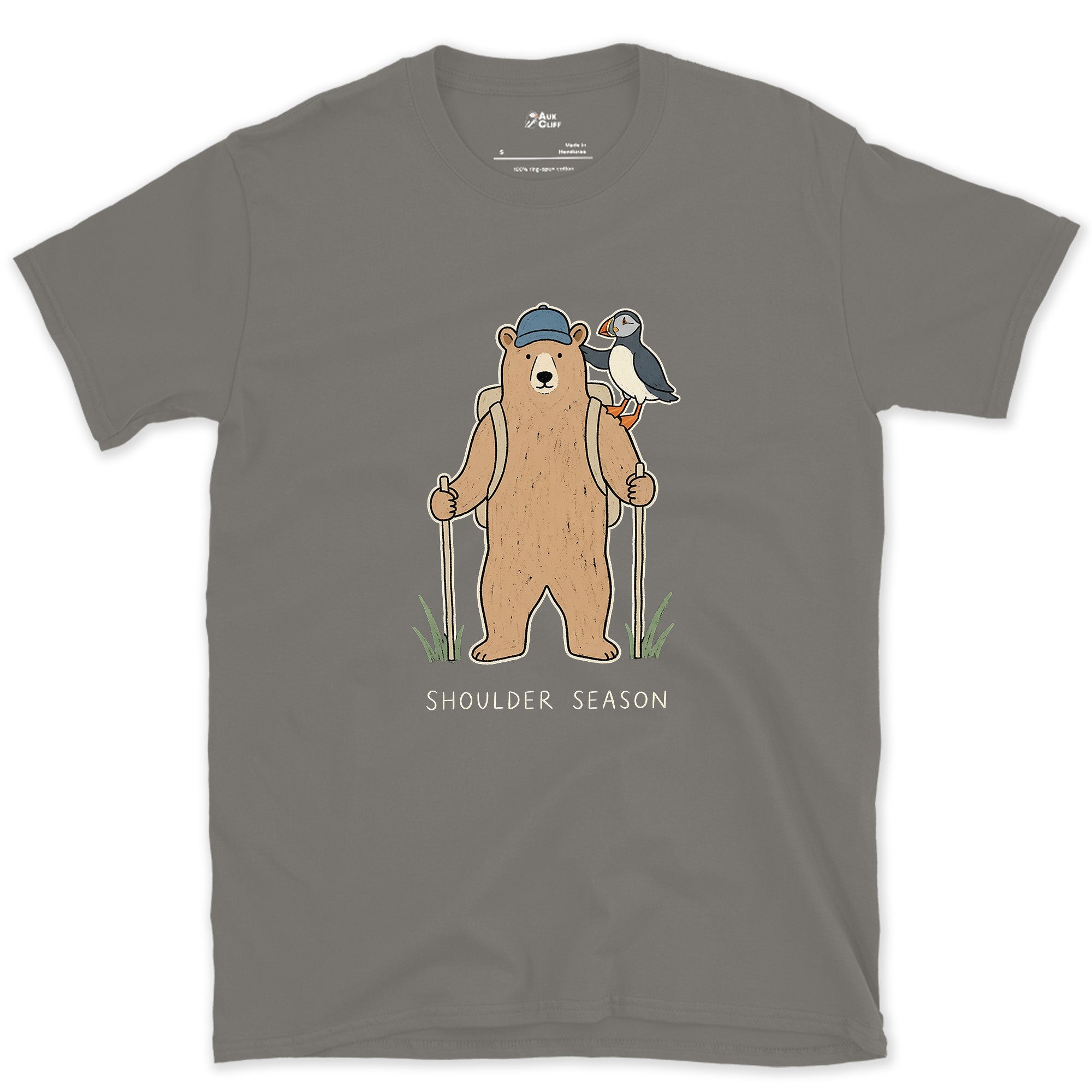 Shoulder Season, Bear and Puffin design on a Charcoal Gildan Softstyle t-shirt