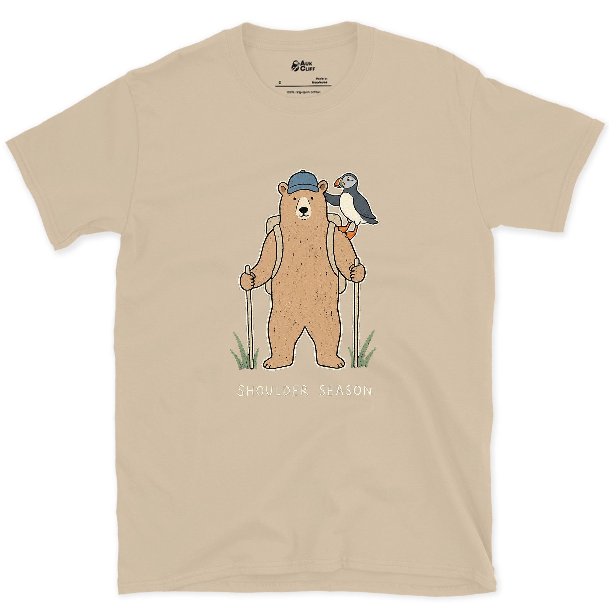 Shoulder Season, Bear and Puffin design on a Sand Gildan Softstyle t-shirt