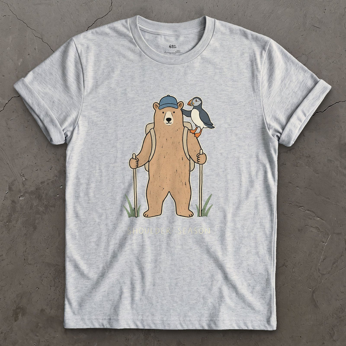 Shoulder Season, Bear and Puffin design on a Sport Grey Gildan Softstyle t-shirt