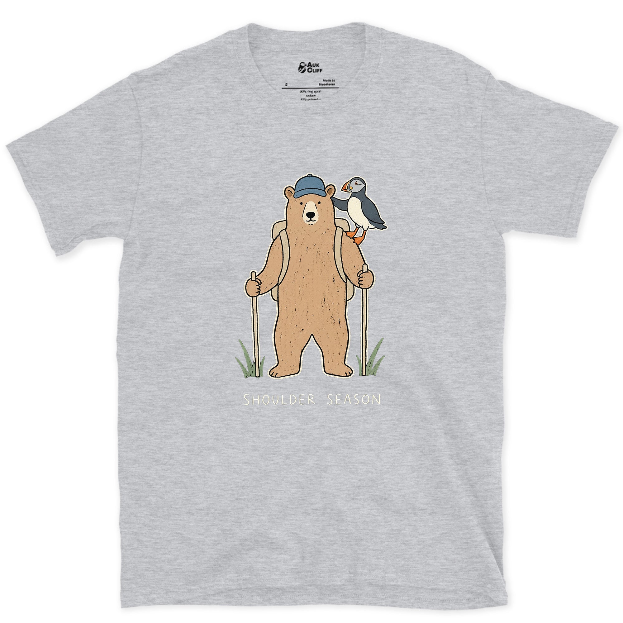 Shoulder Season, Bear and Puffin design on a Sport Grey Gildan Softstyle t-shirt