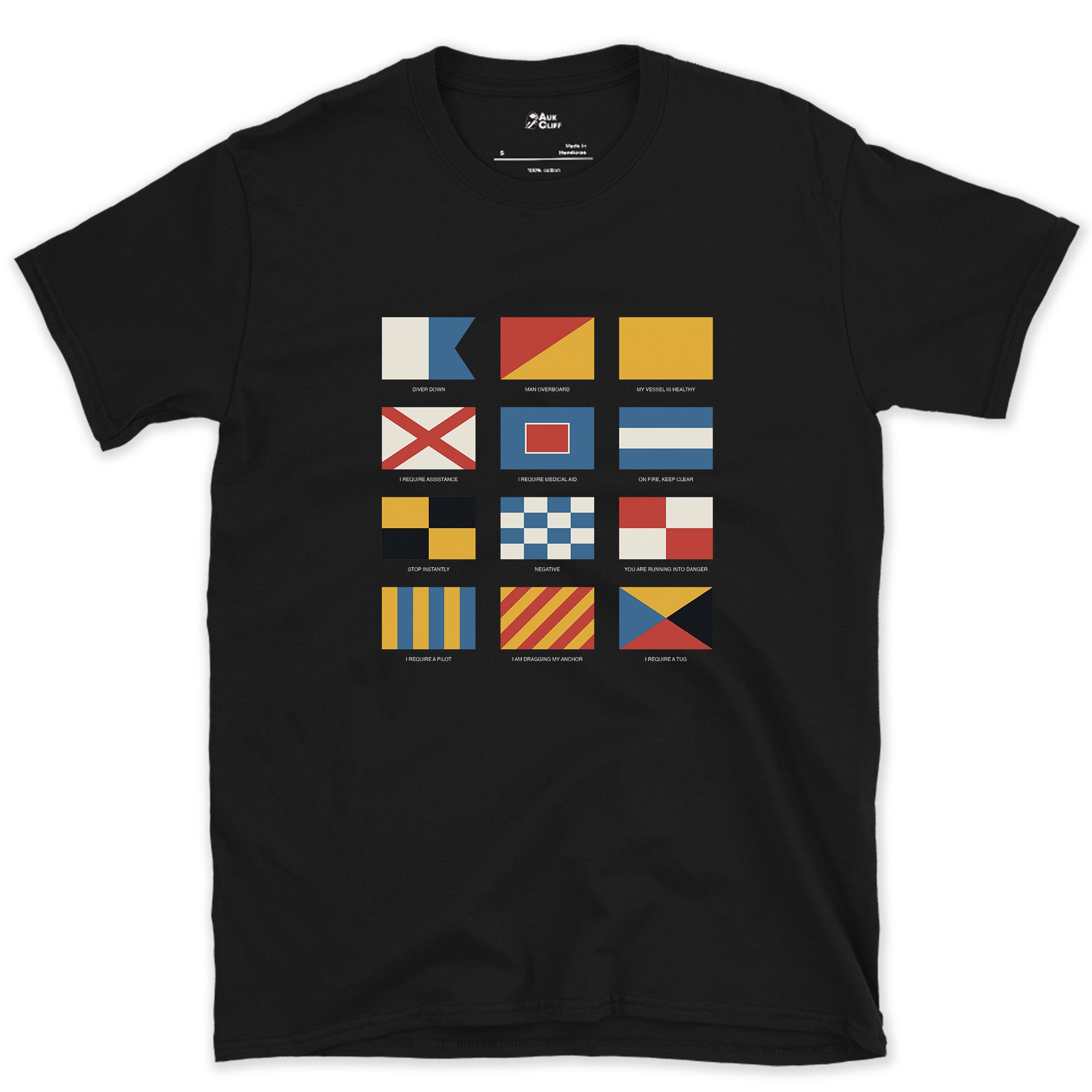 Diver Down to I Require a Tug, Signal Flags design on a Black Gildan Softstyle t-shirt