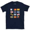 Diver Down to I Require a Tug, Signal Flags design on a Navy Gildan Softstyle t-shirt