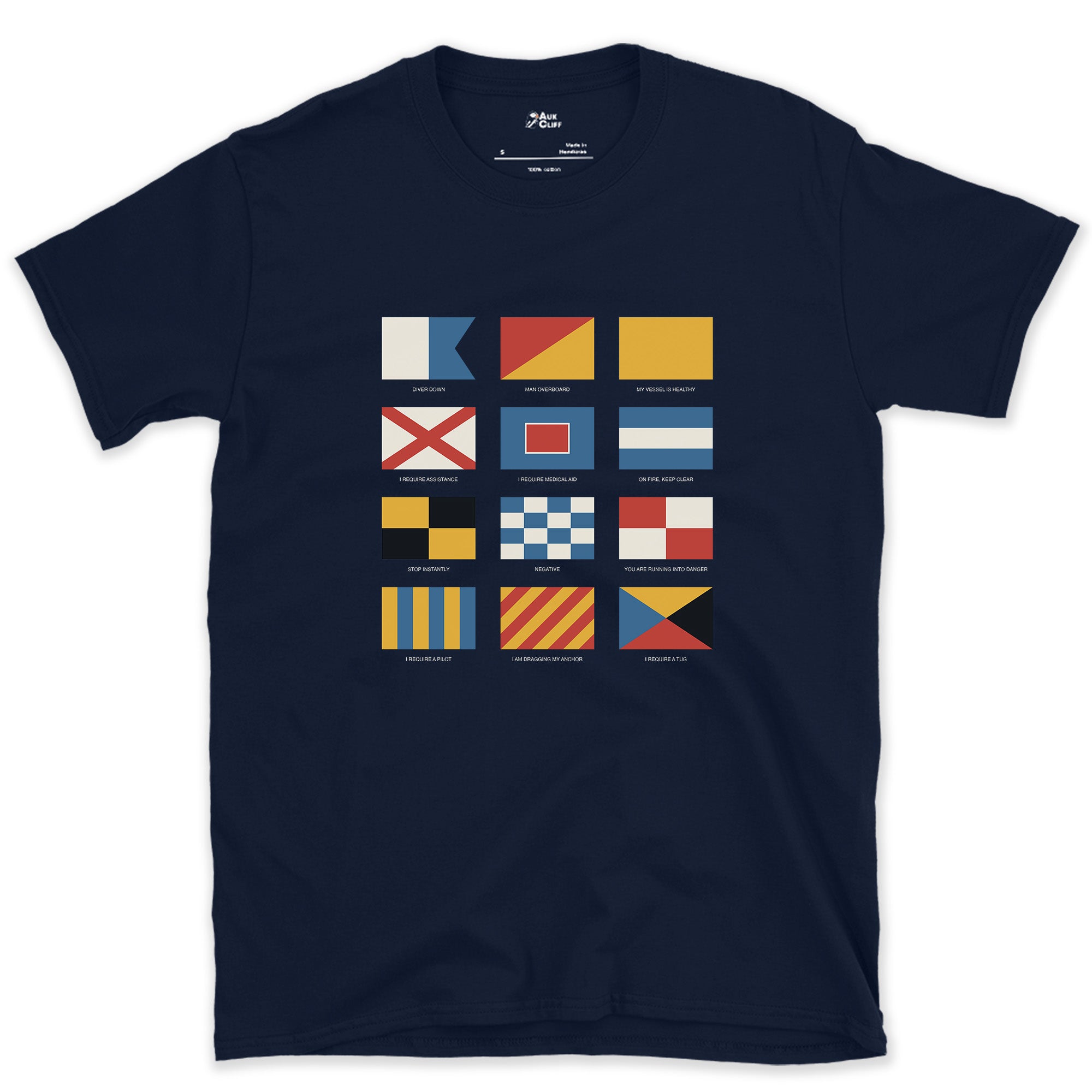 Diver Down to I Require a Tug, Signal Flags design on a Navy Gildan Softstyle t-shirt