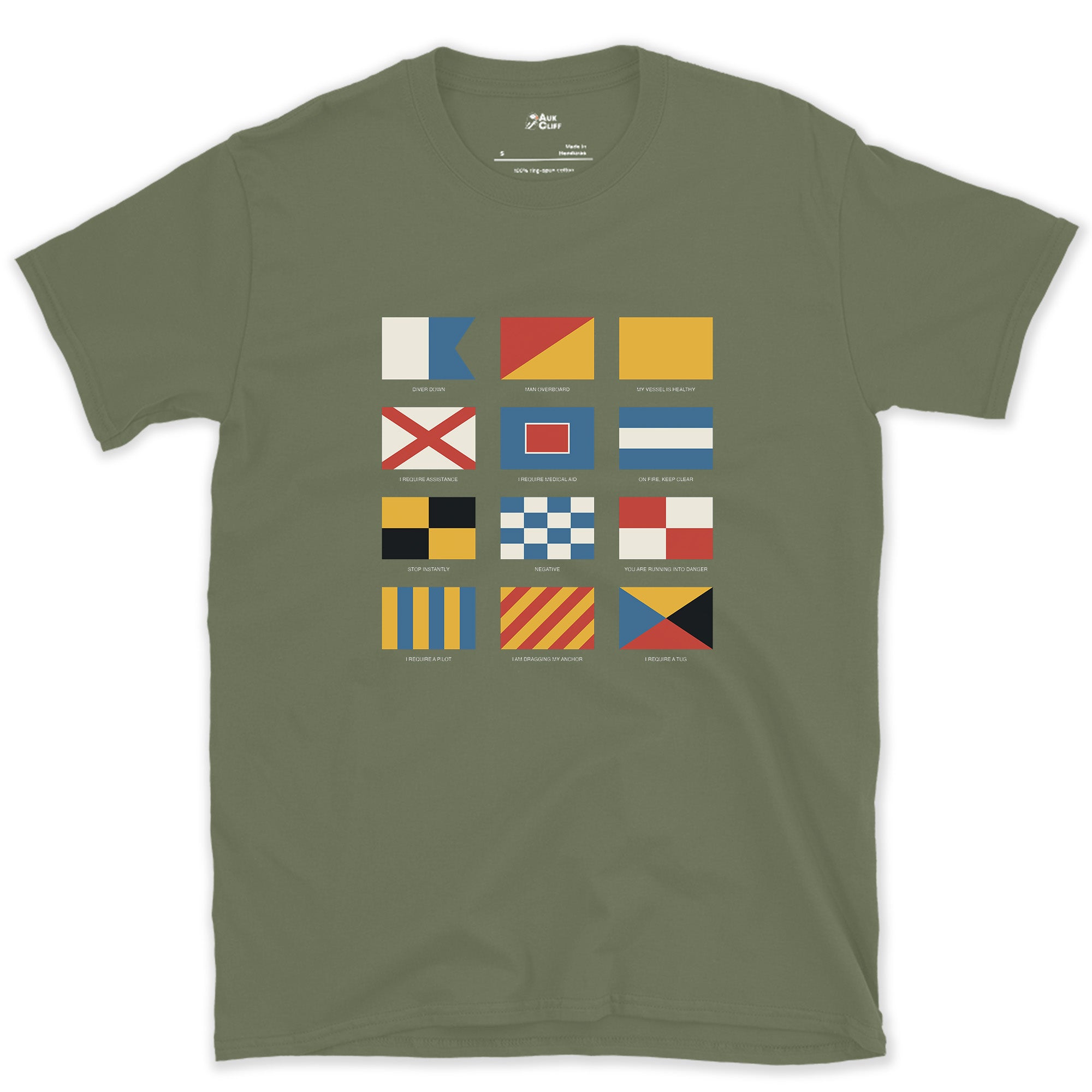 Diver Down to I Require a Tug, Signal Flags design on a Military Green Gildan Softstyle t-shirt