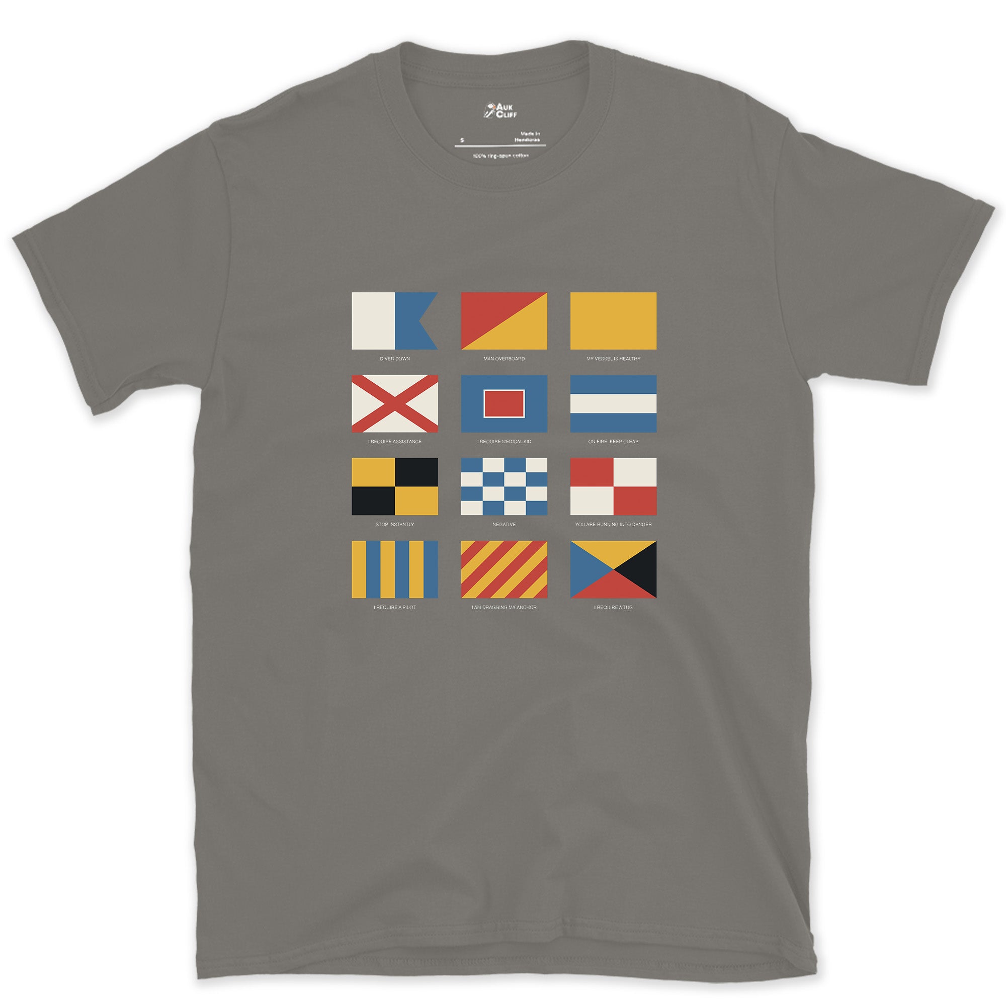 Diver Down to I Require a Tug, Signal Flags design on a Charcoal Gildan Softstyle t-shirt