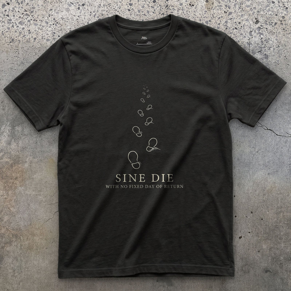 Sine Die, with No Fixed Day of Return design on a Black Gildan Softstyle t-shirt