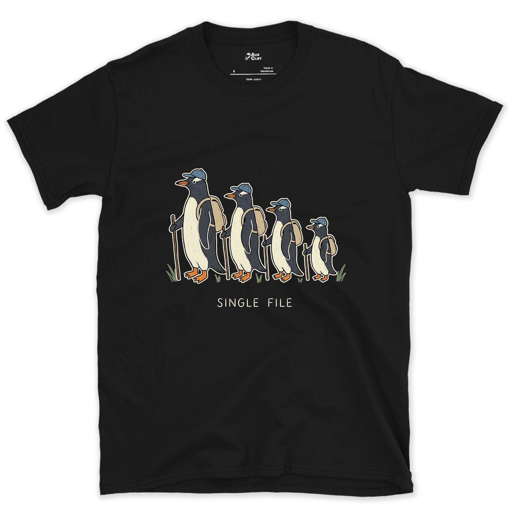 Single File, Penguins in the Same Track design on a Black Gildan Softstyle t-shirt
