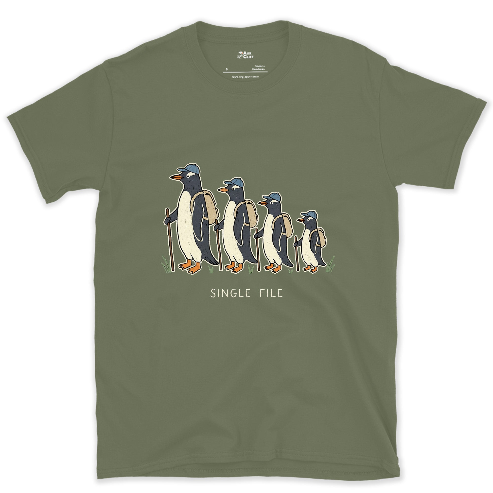 Single File, Penguins in the Same Track design on a Military Green Gildan Softstyle t-shirt