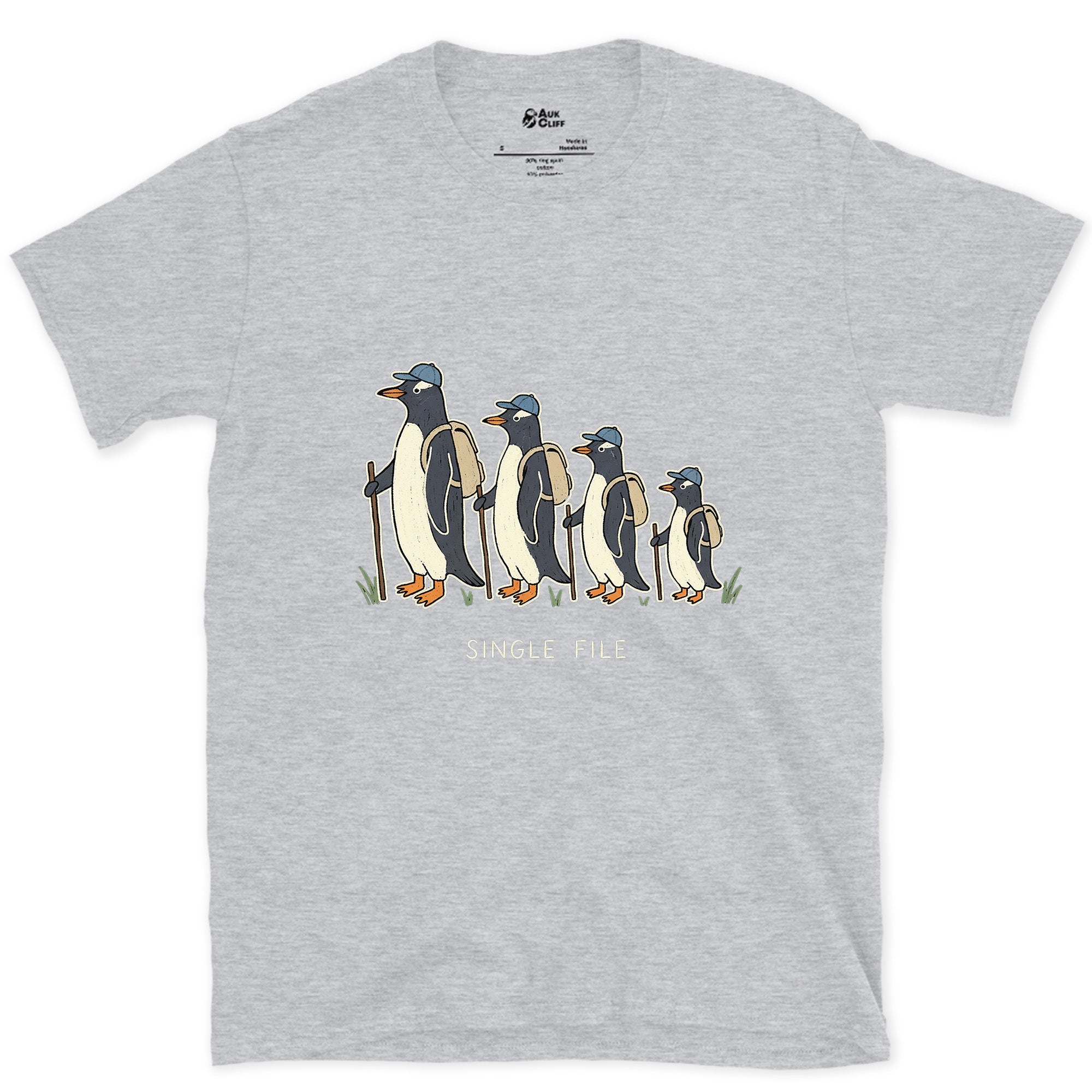 Single File, Penguins in the Same Track design on a Sport Grey Gildan Softstyle t-shirt