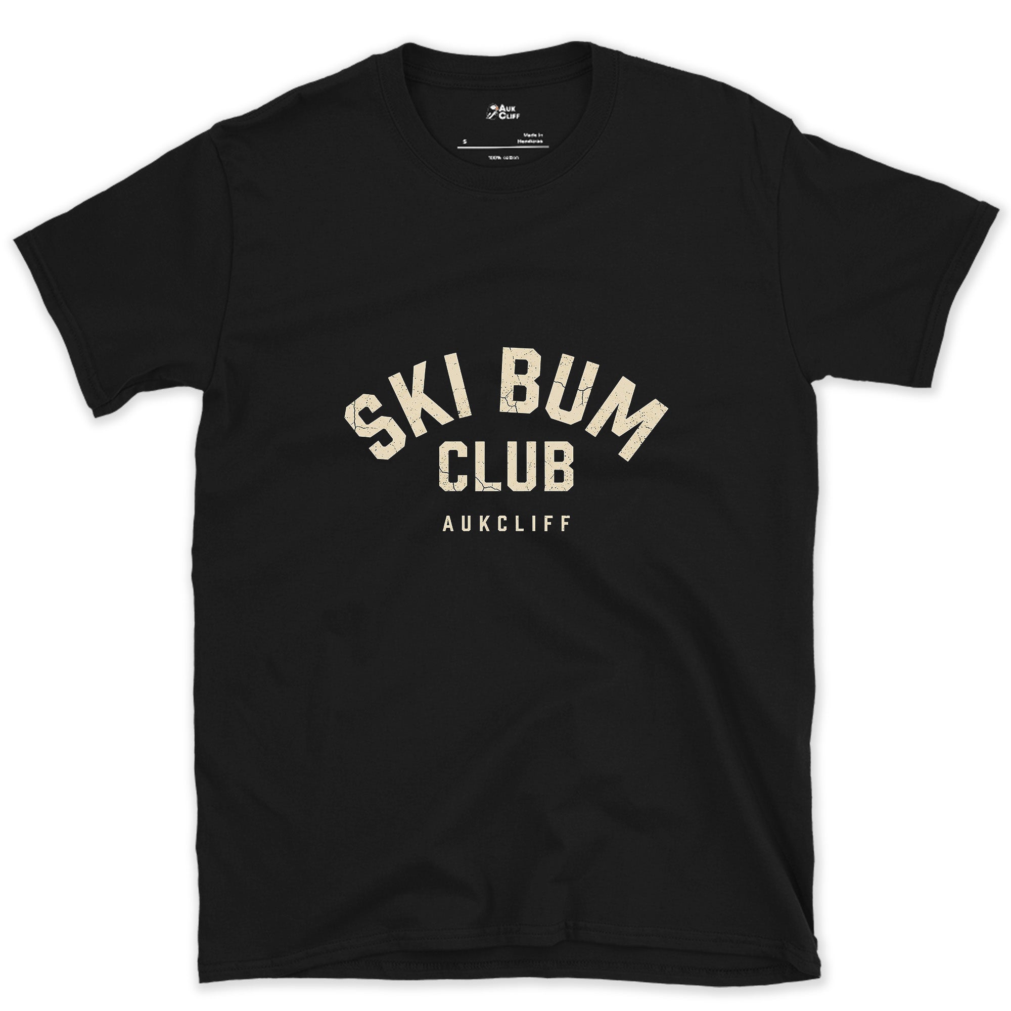 Ski Bum Club Arch Badge design on a Black Gildan Softstyle t-shirt