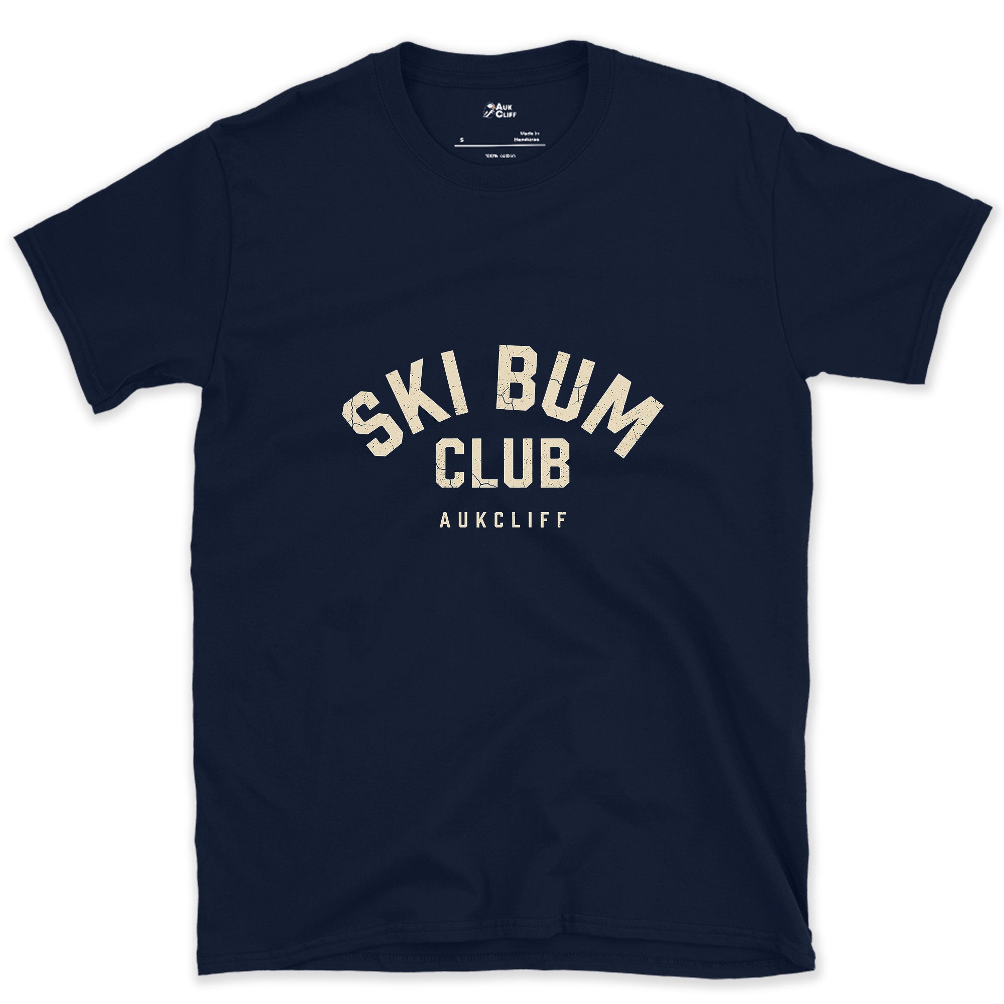 Ski Bum Club Arch Badge design on a Navy Gildan Softstyle t-shirt