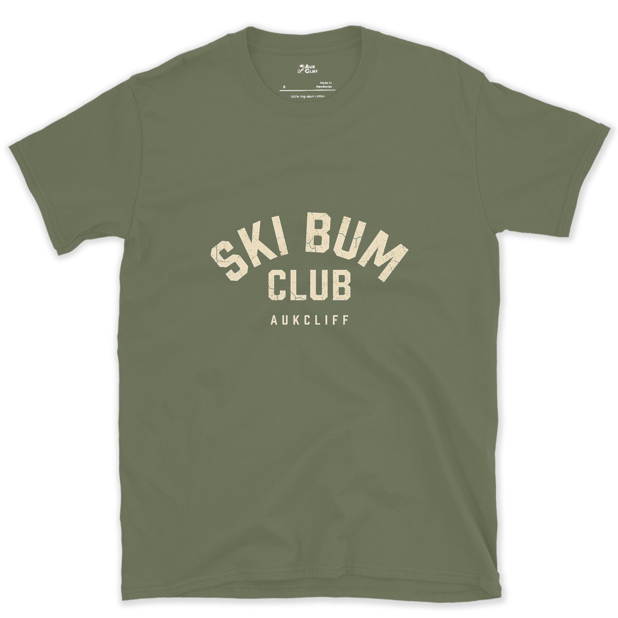 Ski Bum Club Arch Badge design on a Military Green Gildan Softstyle t-shirt