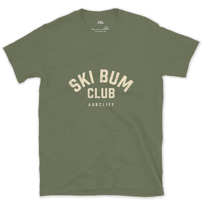 Ski Bum Club Arch Badge design on a Military Green Gildan Softstyle t-shirt
