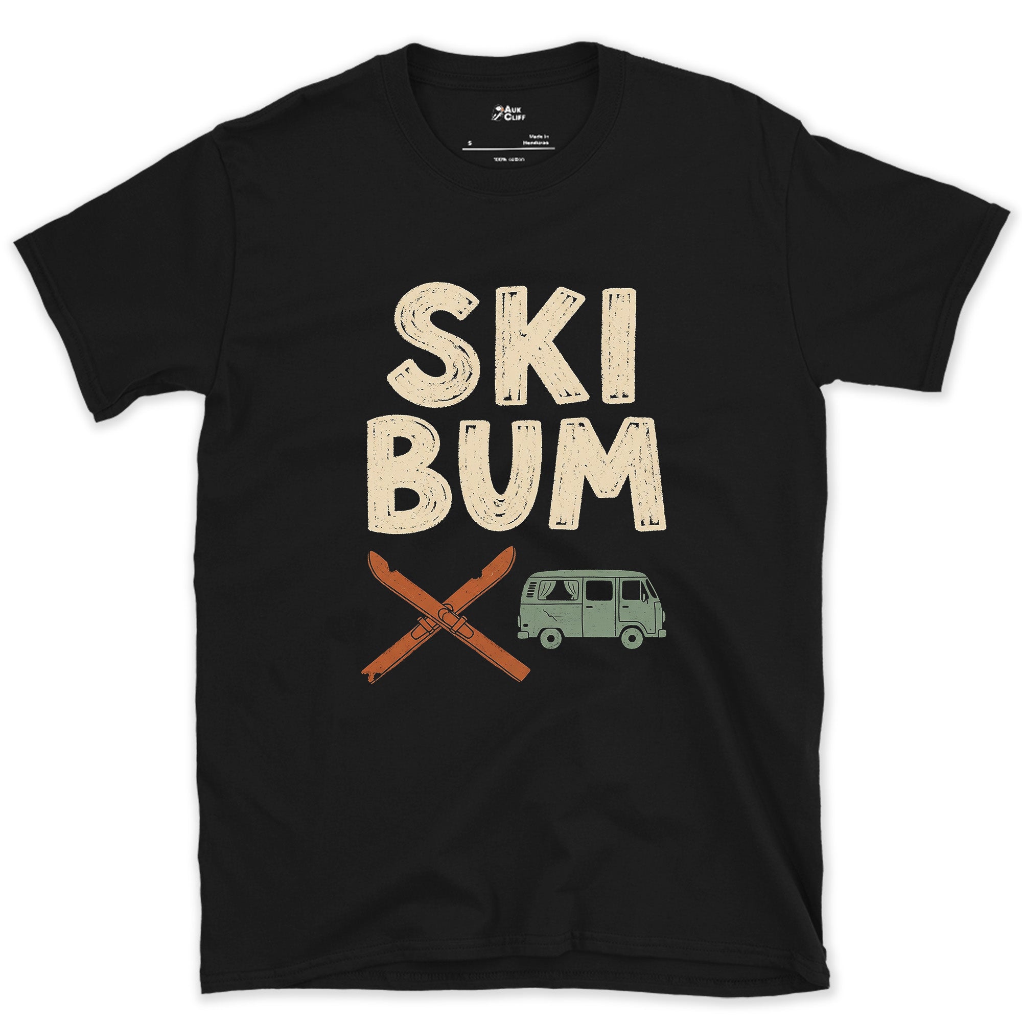 Ski Bum, Crossed Skis and a Van design on a Black Gildan Softstyle t-shirt