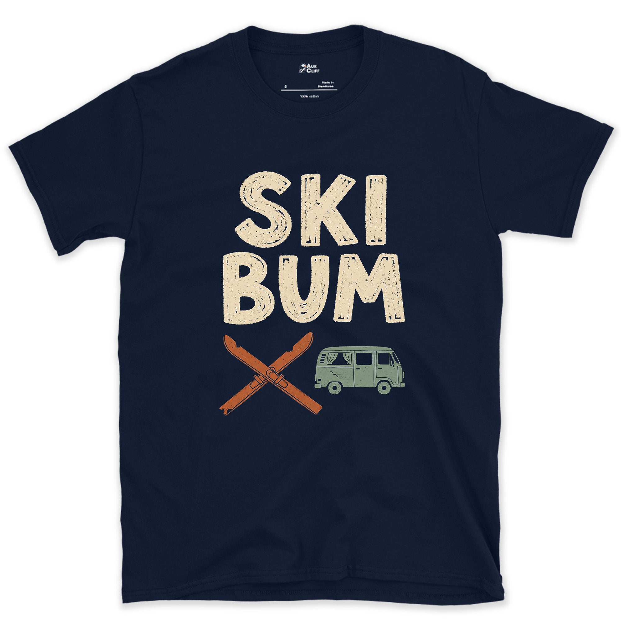 Ski Bum, Crossed Skis and a Van design on a Navy Gildan Softstyle t-shirt