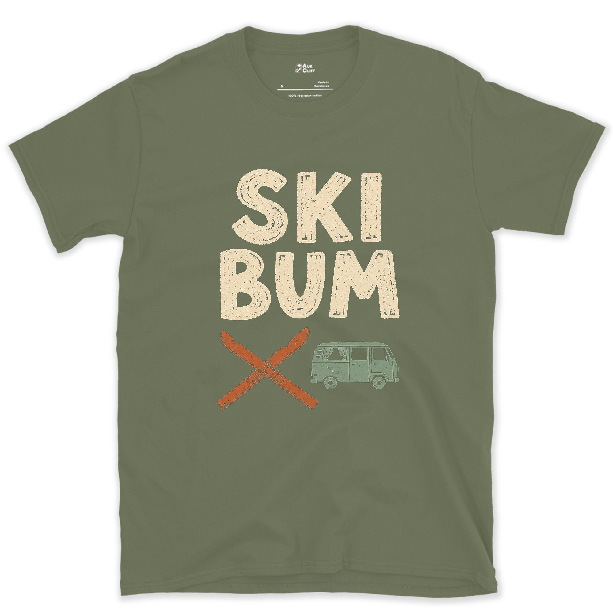 Ski Bum, Crossed Skis and a Van design on a Military Green Gildan Softstyle t-shirt