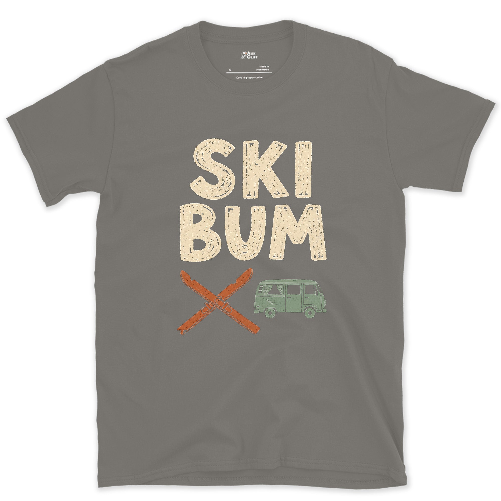 Ski Bum, Crossed Skis and a Van design on a Charcoal Gildan Softstyle t-shirt