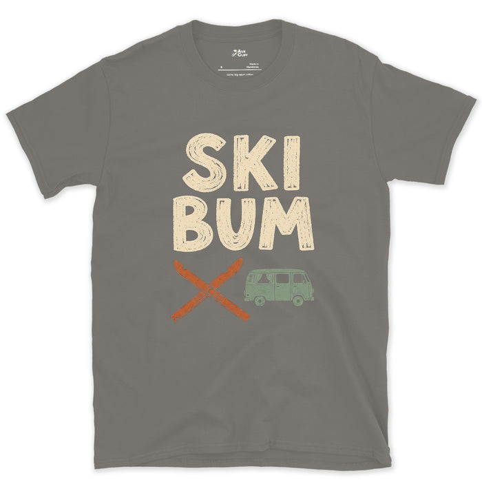 Ski Bum, Crossed Skis and a Van design on a Charcoal Gildan Softstyle t-shirt