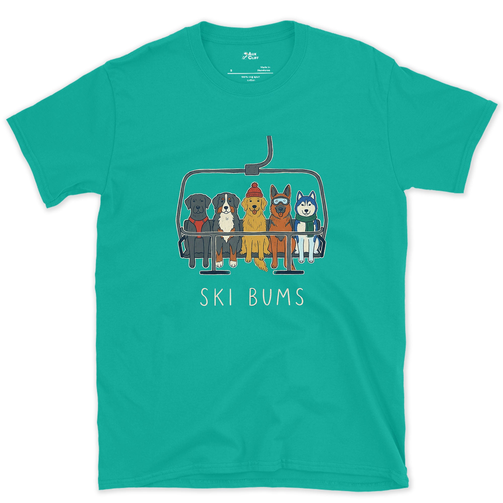 Five Dogs Packed Onto One Chair, Ski Bums design on a Jade Dome Gildan Softstyle t-shirt