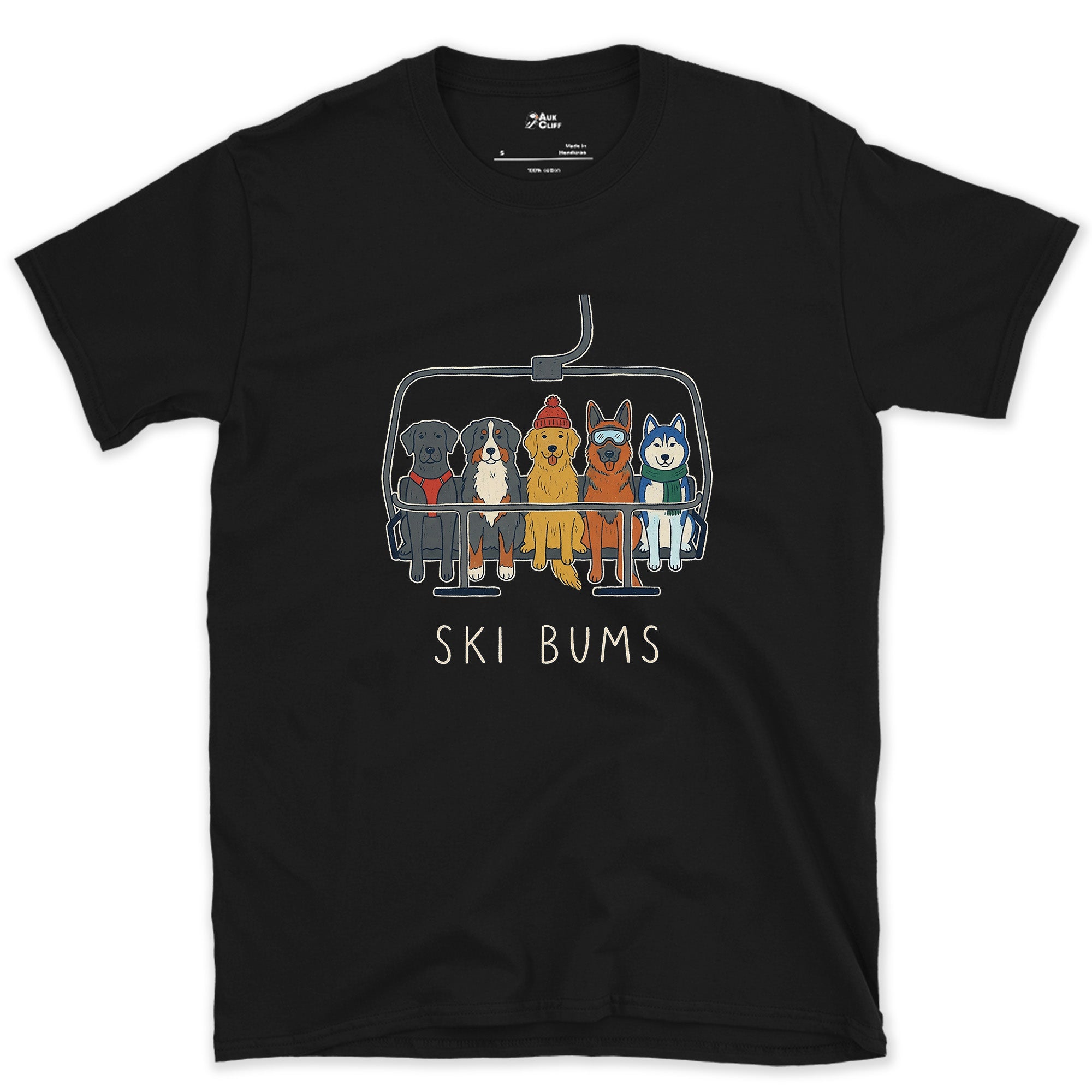 Five Dogs Packed Onto One Chair, Ski Bums design on a Black Gildan Softstyle t-shirt