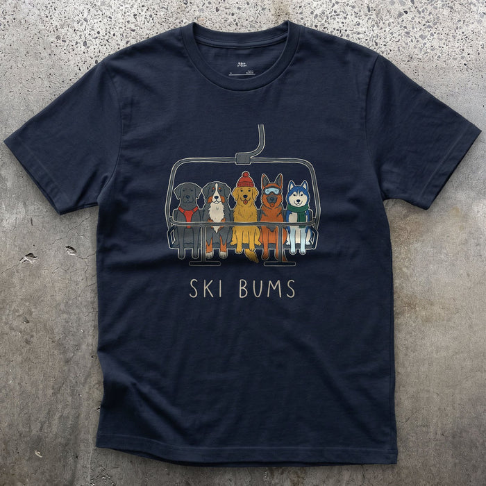 Five Dogs Packed Onto One Chair, Ski Bums design on a Navy Gildan Softstyle t-shirt