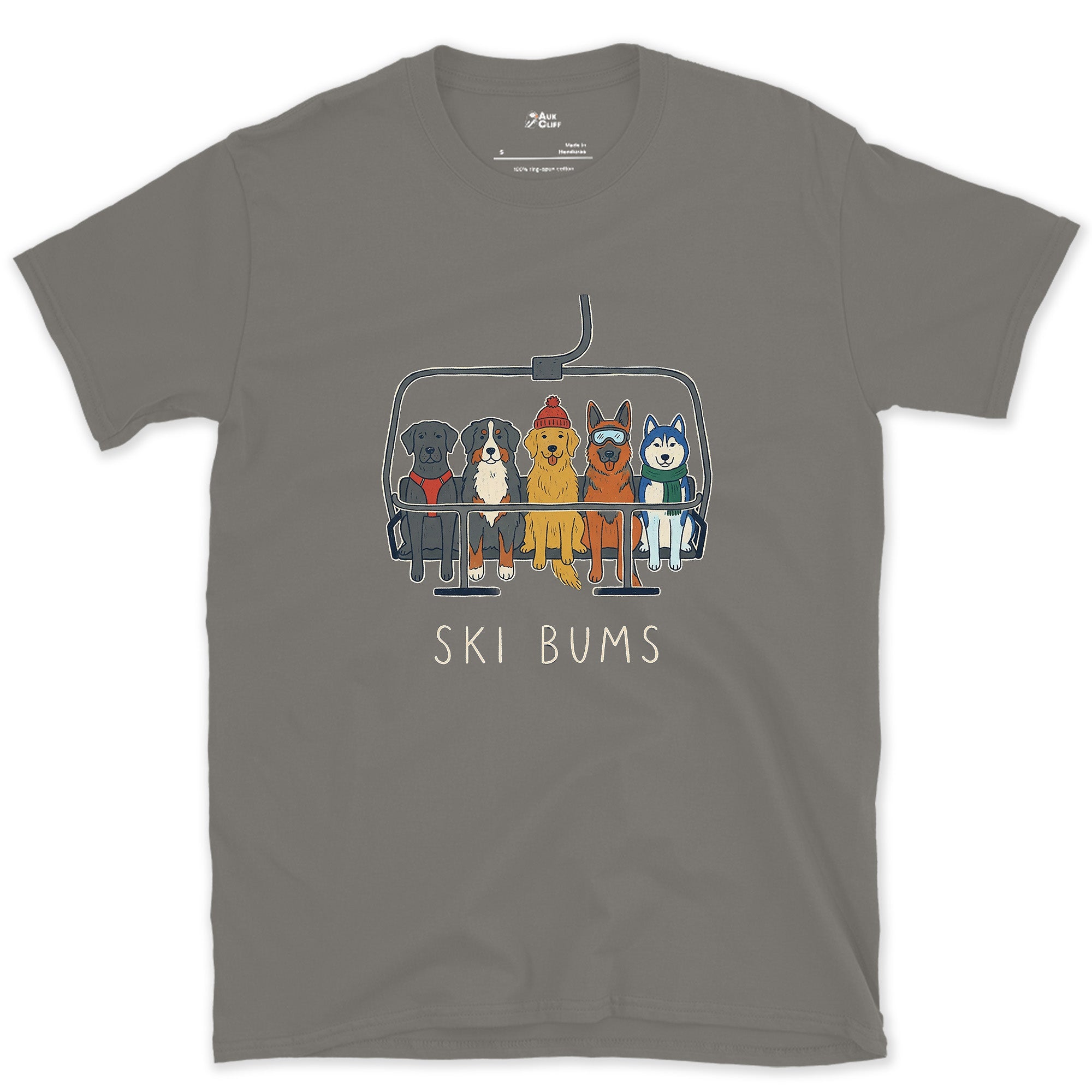 Five Dogs Packed Onto One Chair, Ski Bums design on a Charcoal Gildan Softstyle t-shirt