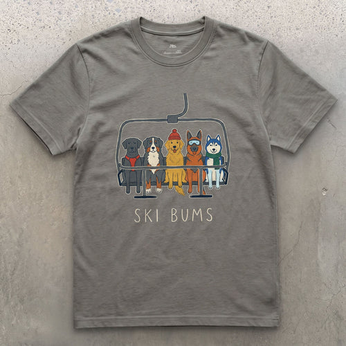 Five Dogs Packed Onto One Chair, Ski Bums design on a Charcoal Gildan Softstyle t-shirt