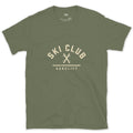 Ski Club Crossed Skis Badge design on a Military Green Gildan Softstyle t-shirt