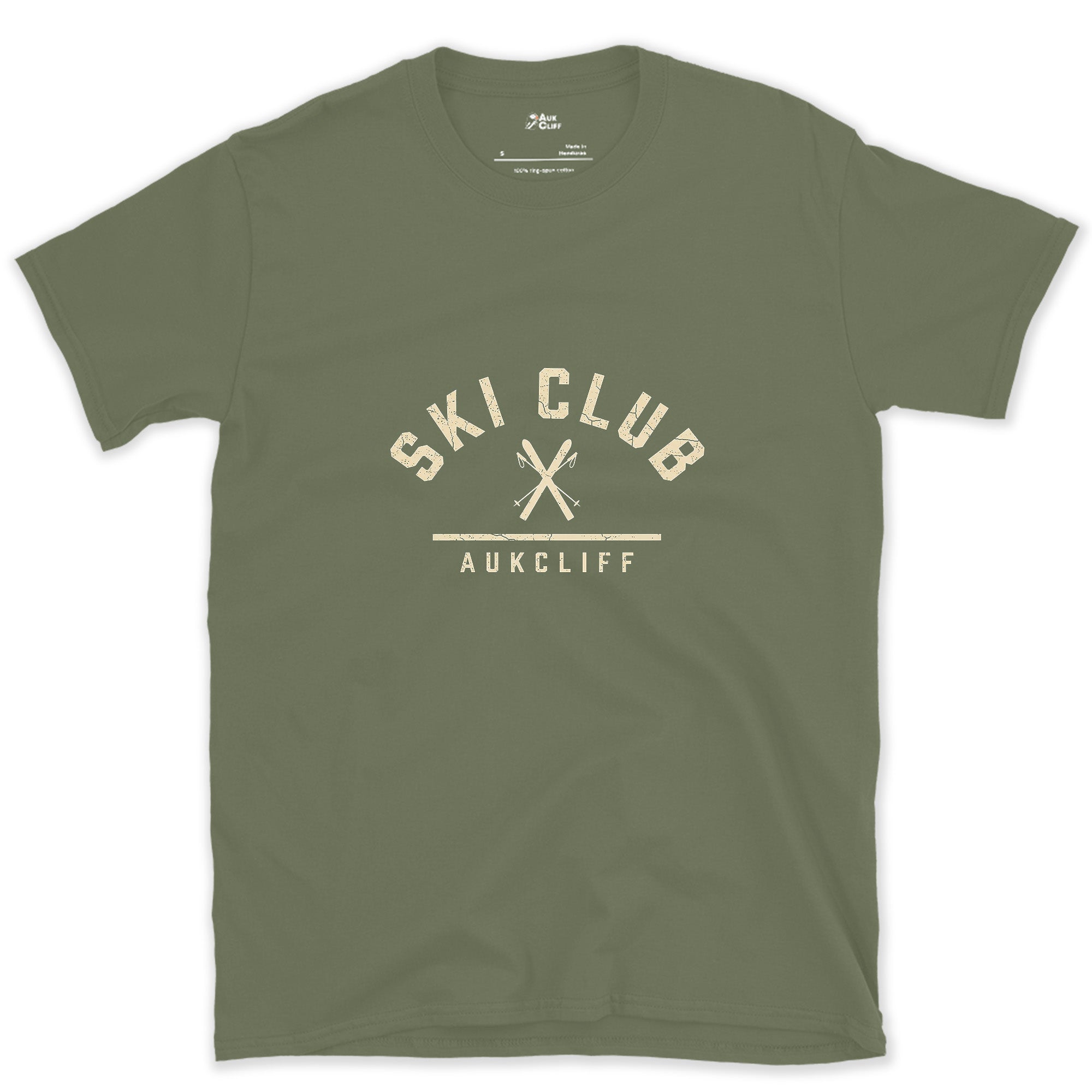 Ski Club Crossed Skis Badge design on a Military Green Gildan Softstyle t-shirt