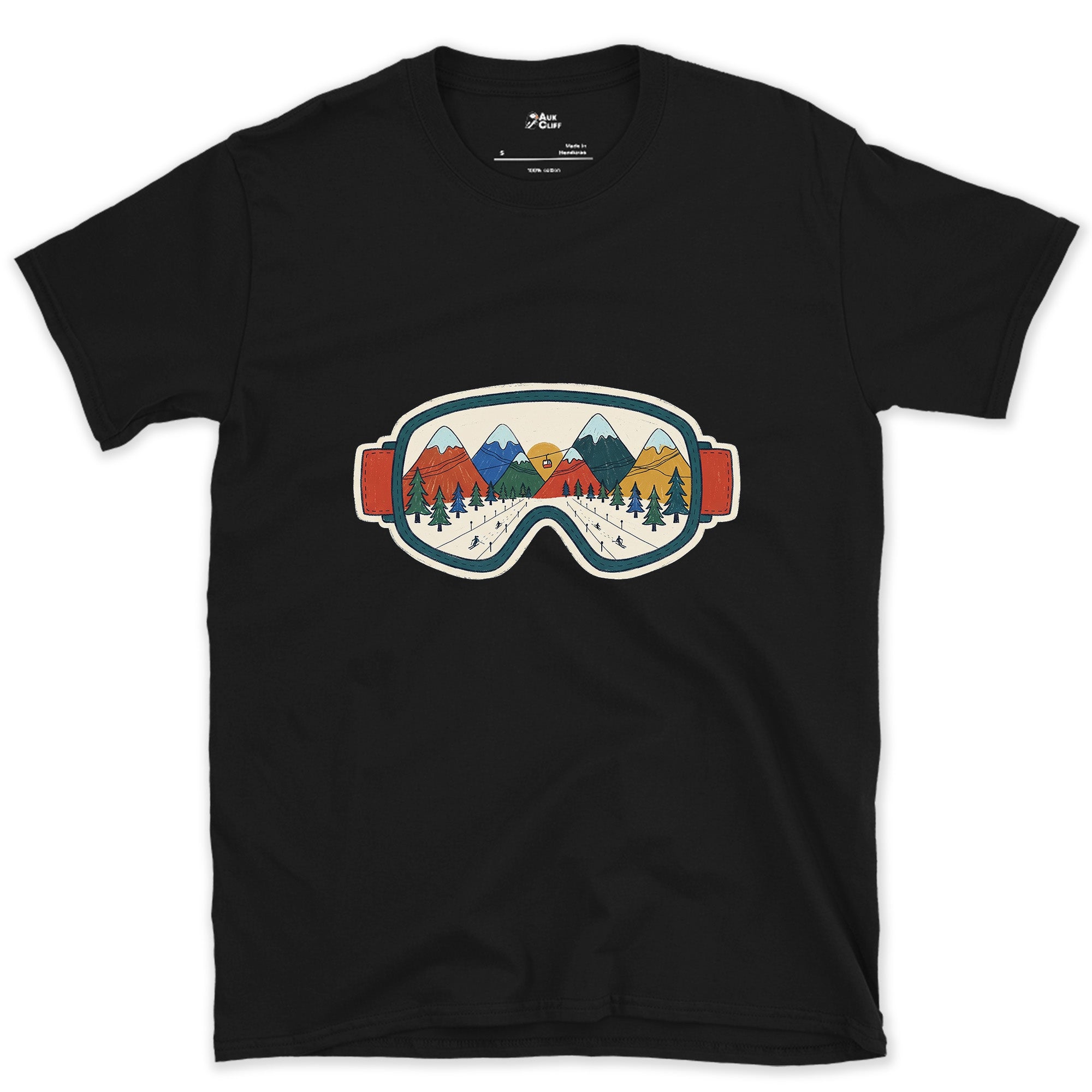 When the Gear Becomes the View, Ski Goggles design on a Black Gildan Softstyle t-shirt