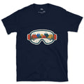 When the Gear Becomes the View, Ski Goggles design on a Navy Gildan Softstyle t-shirt