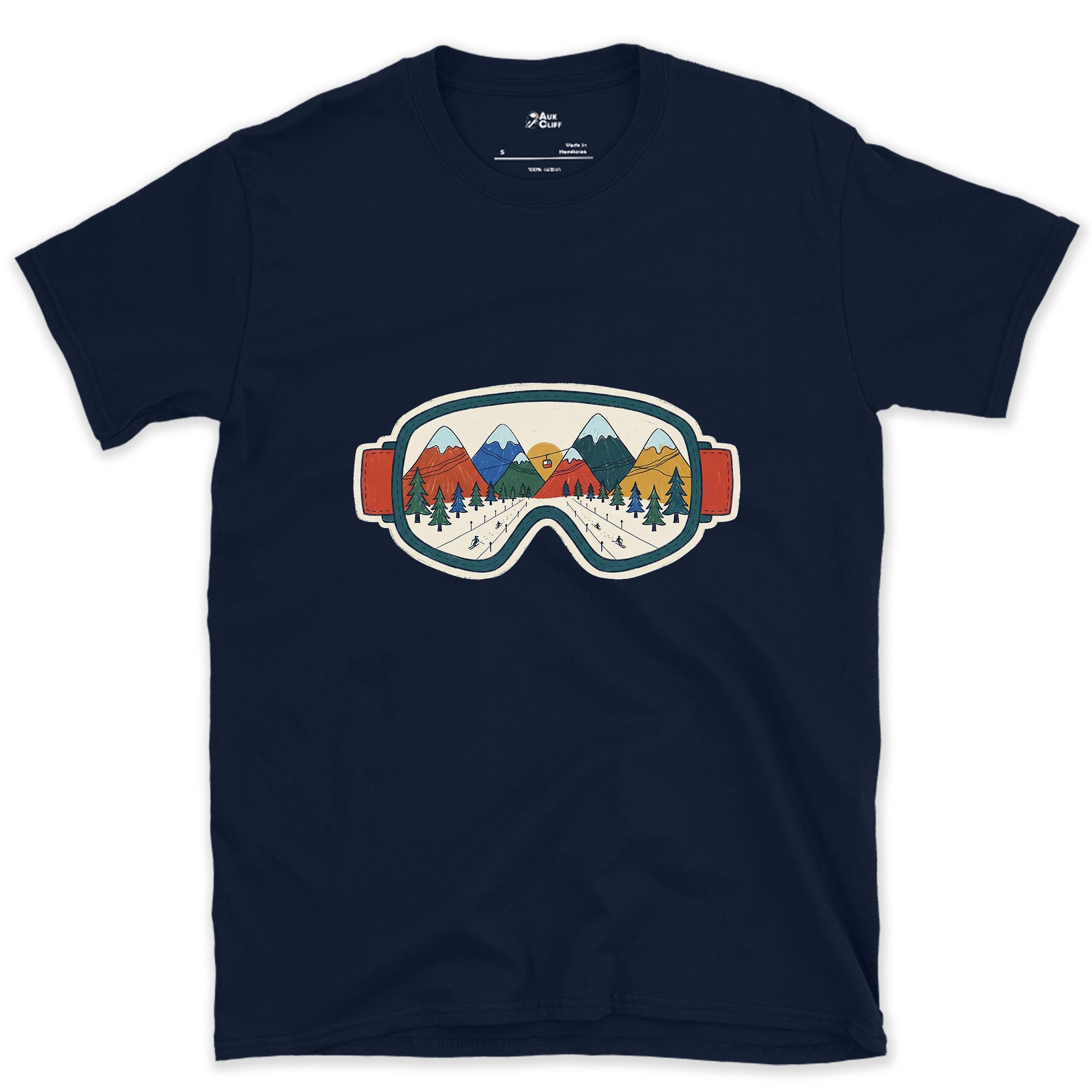 When the Gear Becomes the View, Ski Goggles design on a Navy Gildan Softstyle t-shirt