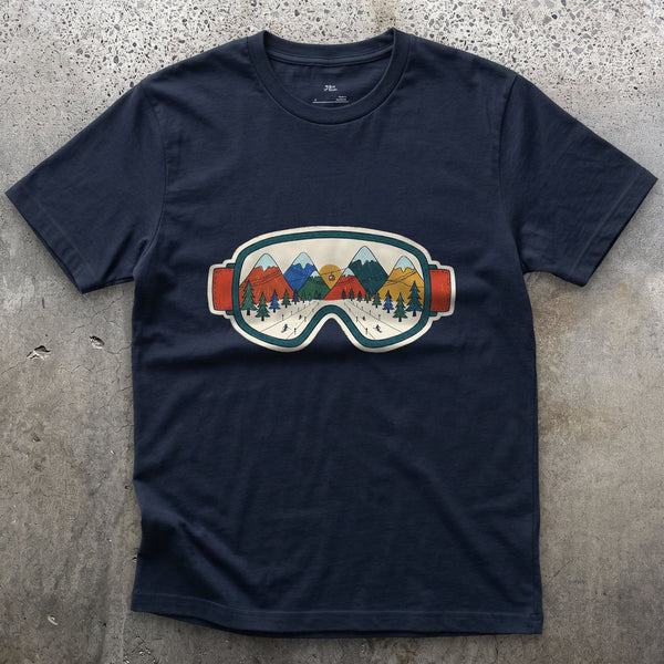 When the Gear Becomes the View, Ski Goggles design on a Navy Gildan Softstyle t-shirt