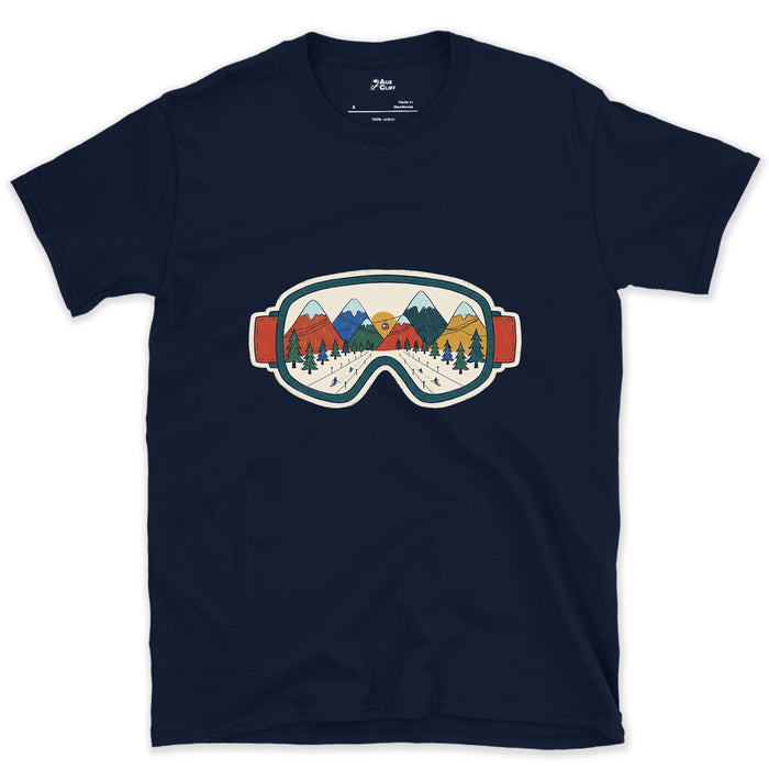 When the Gear Becomes the View, Ski Goggles design on a Navy Gildan Softstyle t-shirt