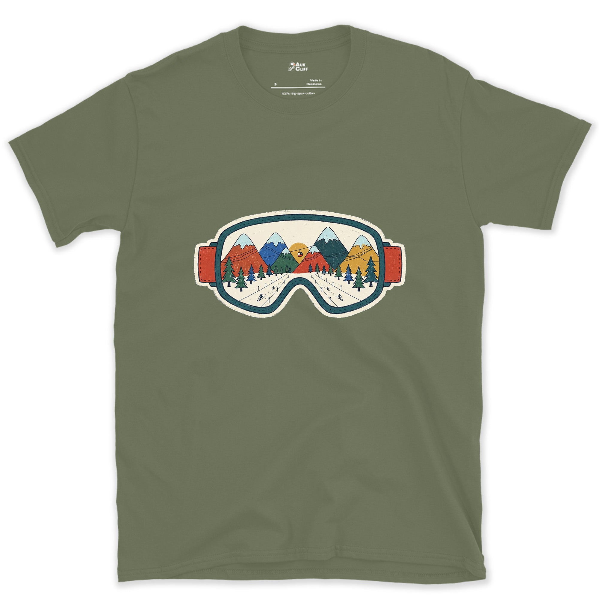 When the Gear Becomes the View, Ski Goggles design on a Military Green Gildan Softstyle t-shirt