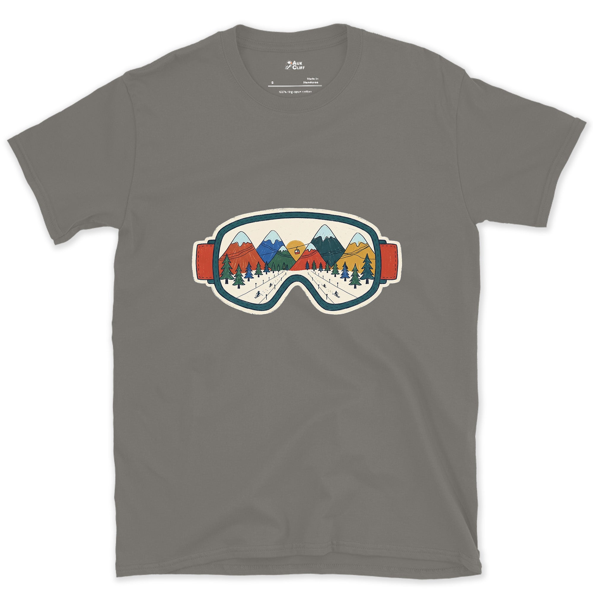 When the Gear Becomes the View, Ski Goggles design on a Charcoal Gildan Softstyle t-shirt