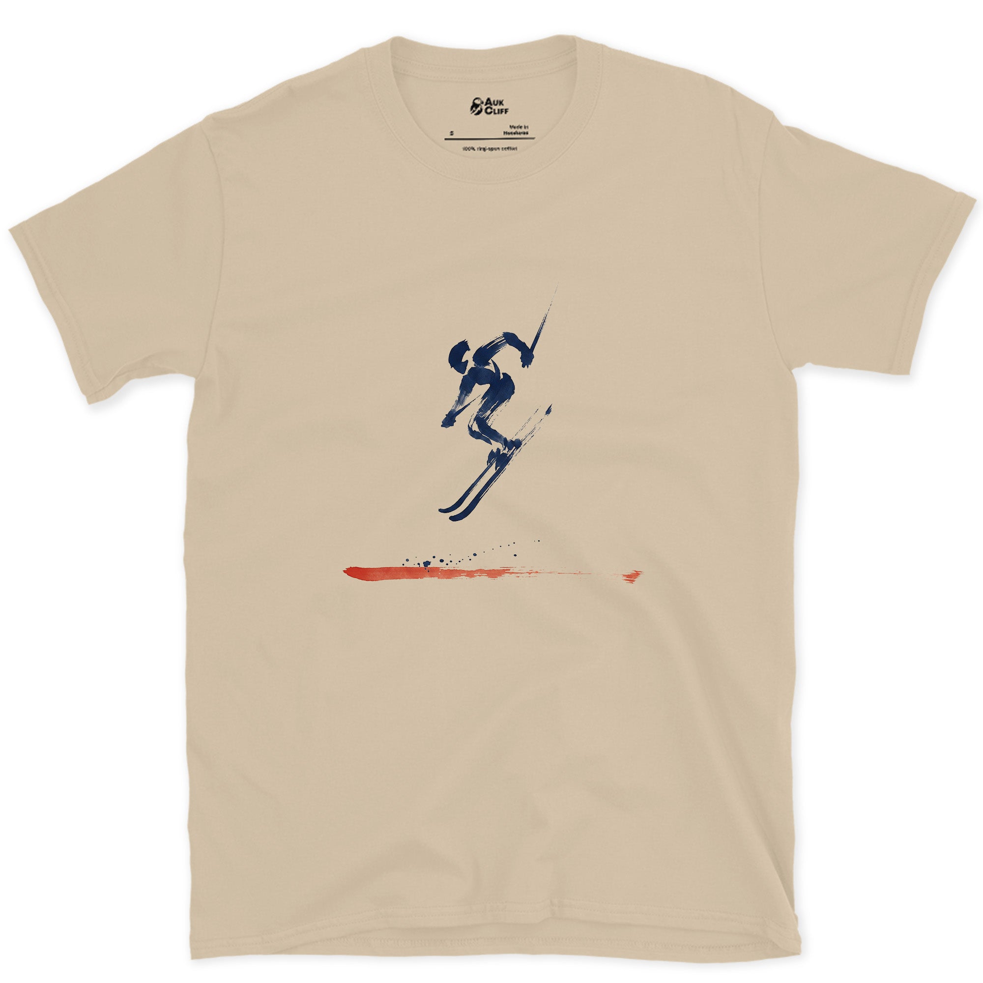 Boots Tucked at the Top of the Jump design on a Sand Gildan Softstyle t-shirt