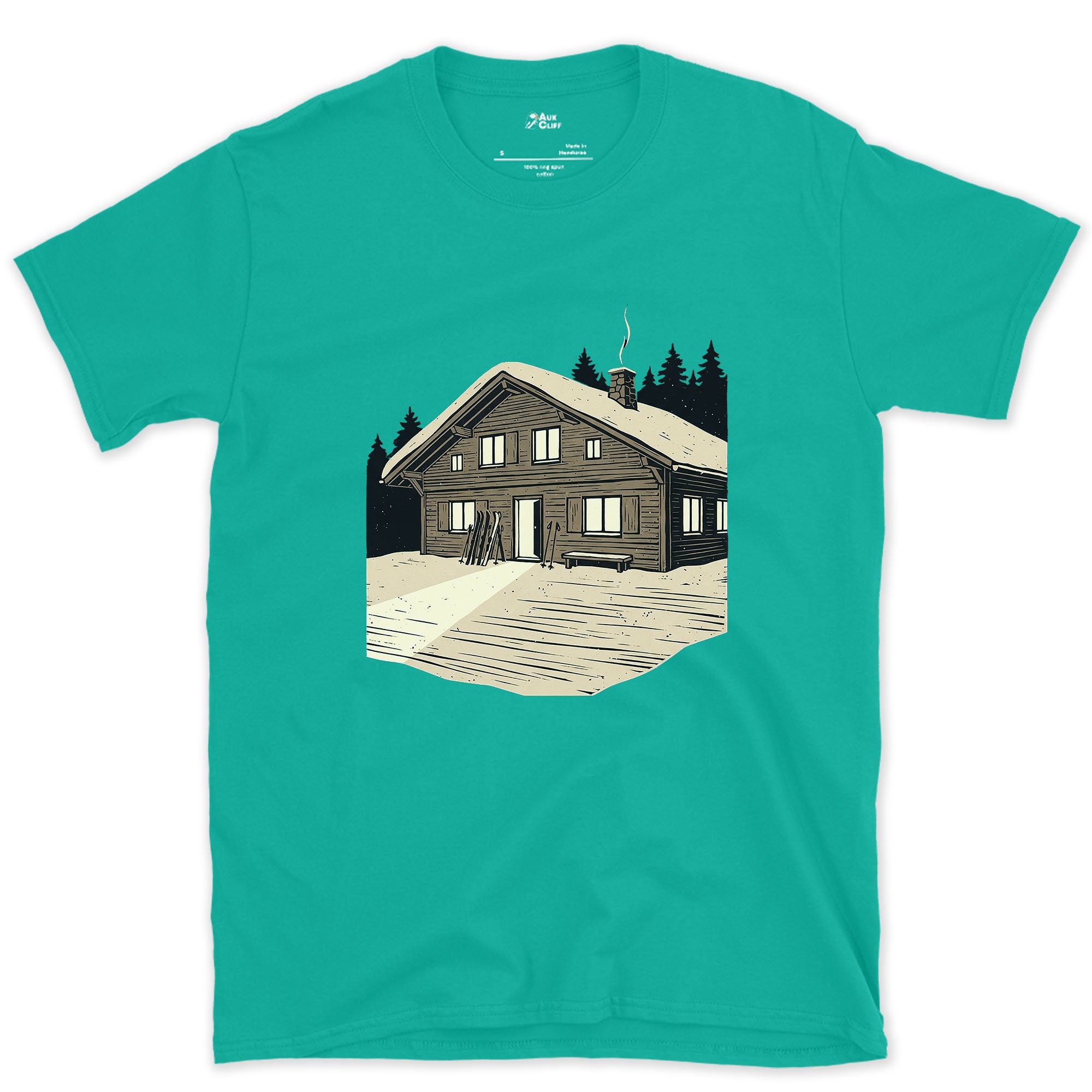The Only Bright Shape in the Frame, Ski Lodge design on a Jade Dome Gildan Softstyle t-shirt