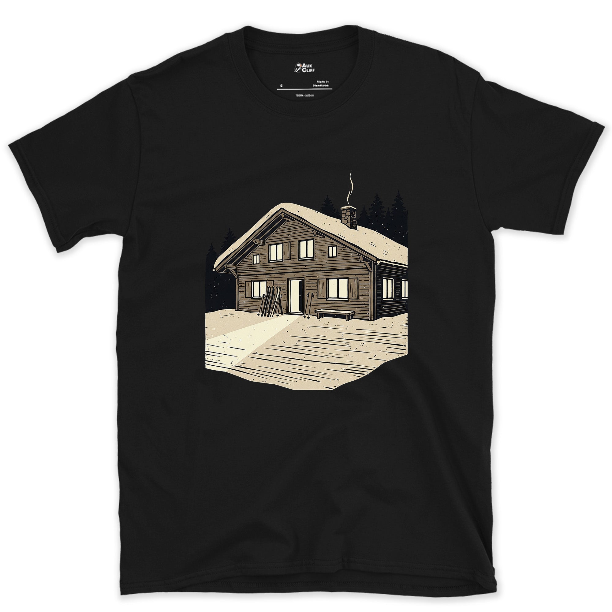The Only Bright Shape in the Frame, Ski Lodge design on a Black Gildan Softstyle t-shirt