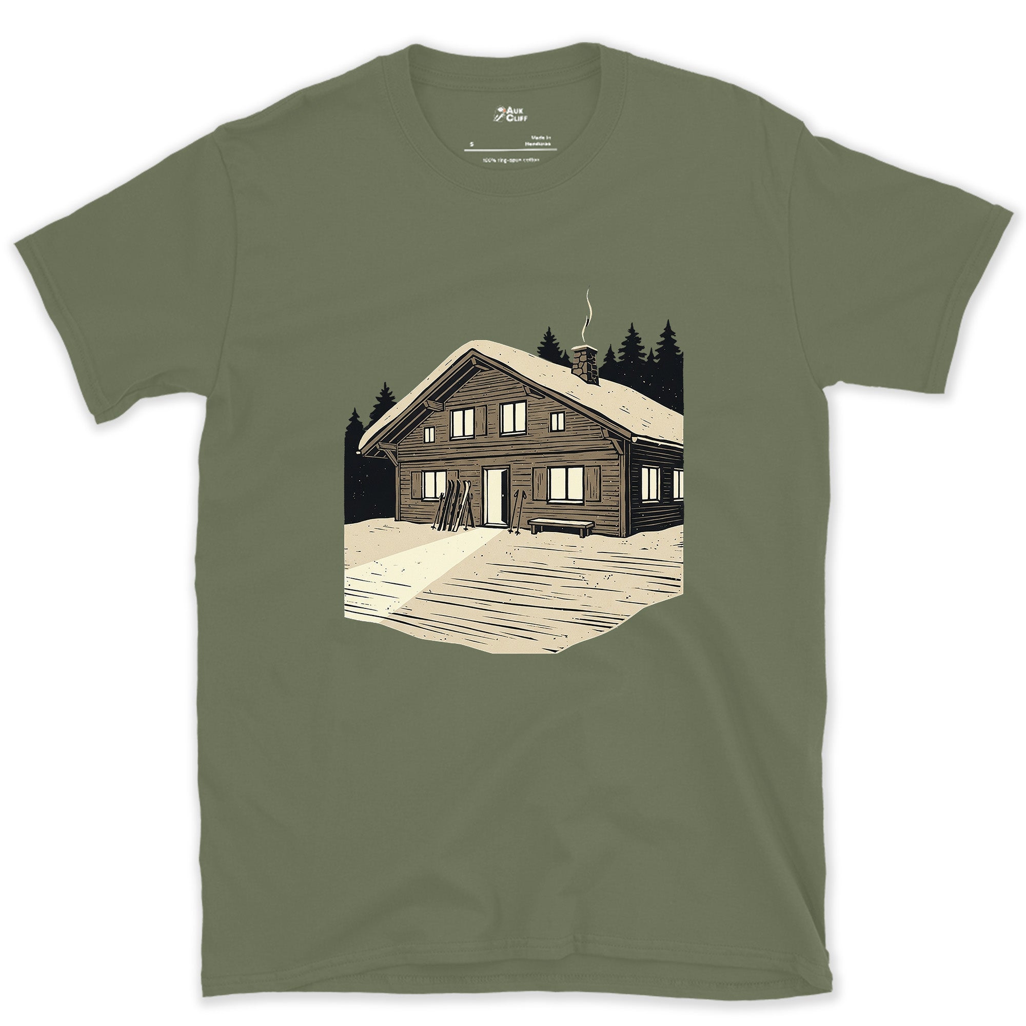 The Only Bright Shape in the Frame, Ski Lodge design on a Military Green Gildan Softstyle t-shirt
