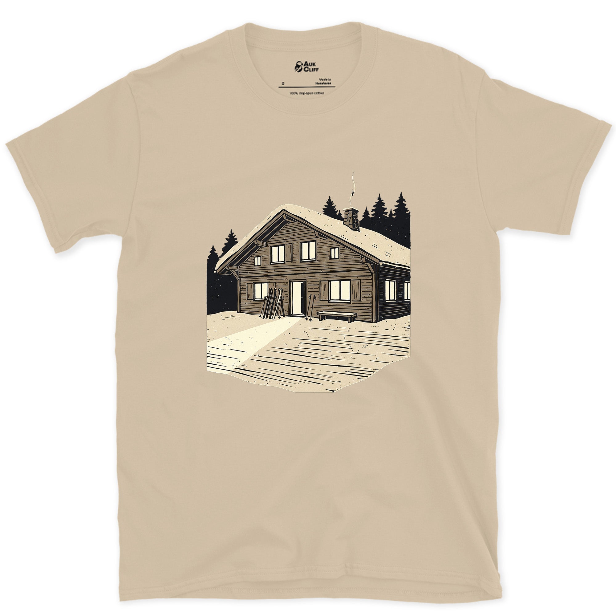 The Only Bright Shape in the Frame, Ski Lodge design on a Sand Gildan Softstyle t-shirt