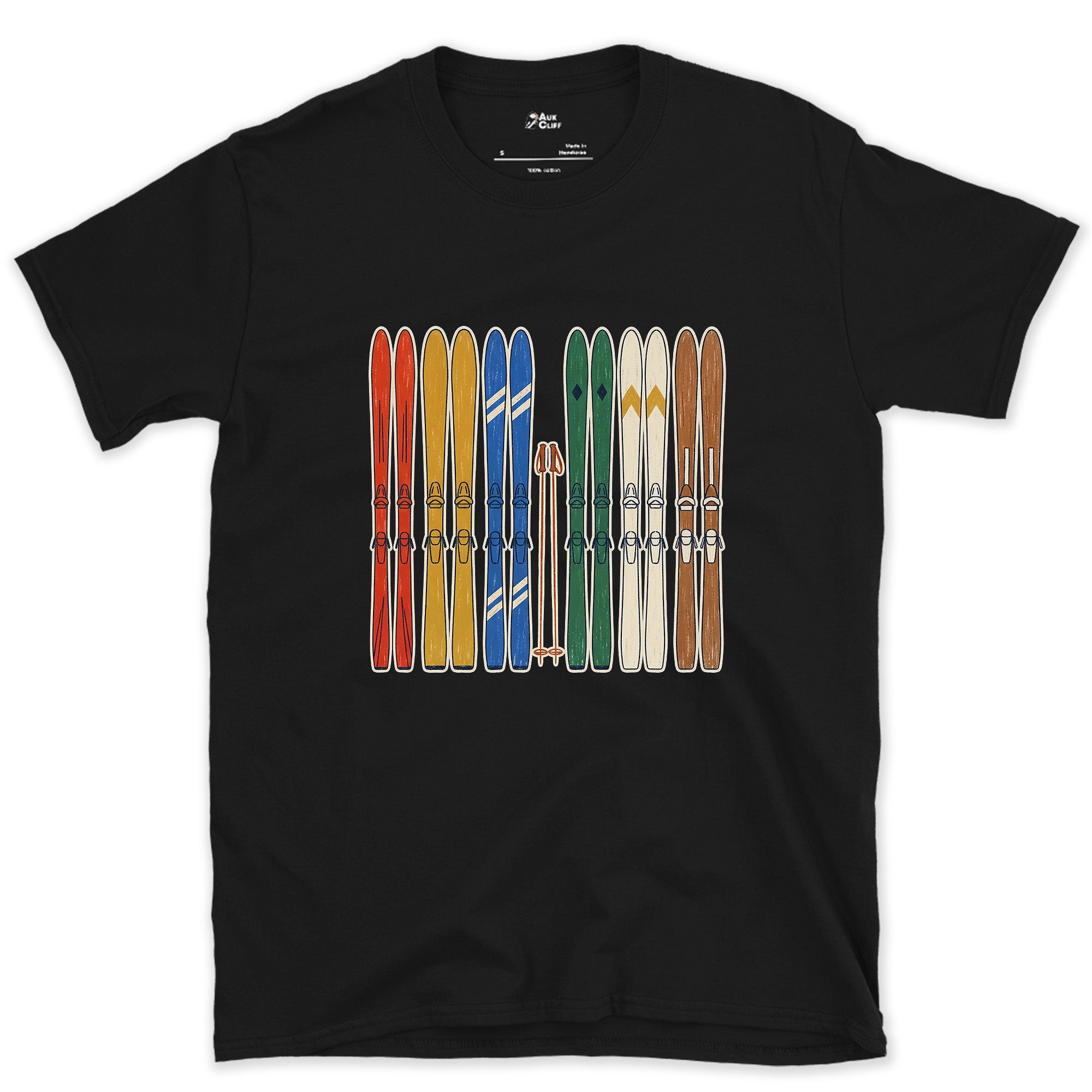 Racked Up and Ready, the Whole Ski Quiver design on a Black Gildan Softstyle t-shirt