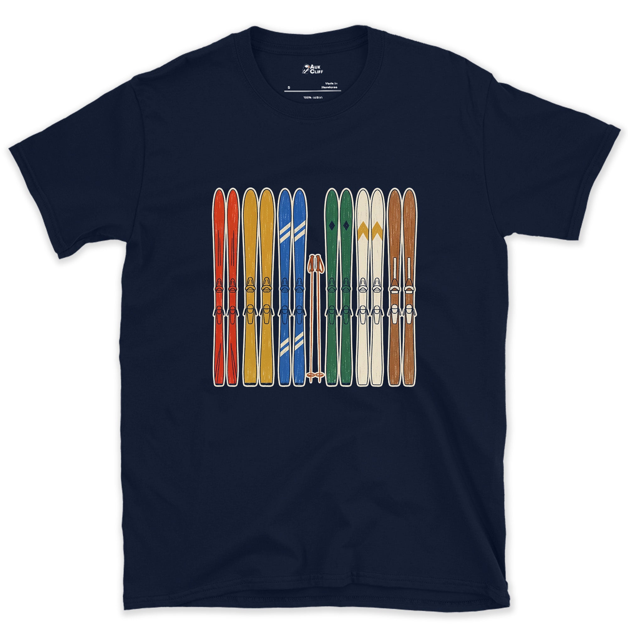 Racked Up and Ready, the Whole Ski Quiver design on a Navy Gildan Softstyle t-shirt