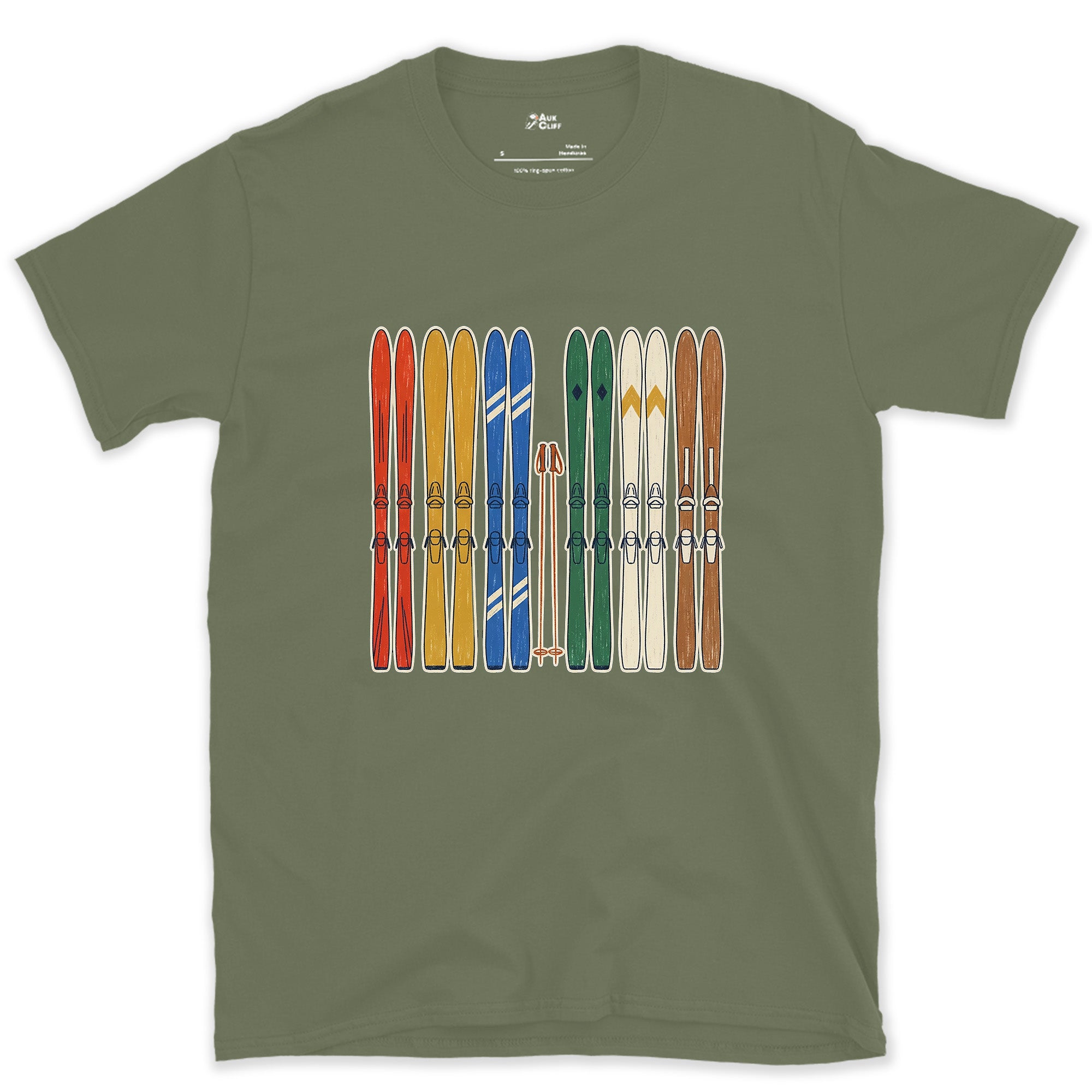 Racked Up and Ready, the Whole Ski Quiver design on a Military Green Gildan Softstyle t-shirt