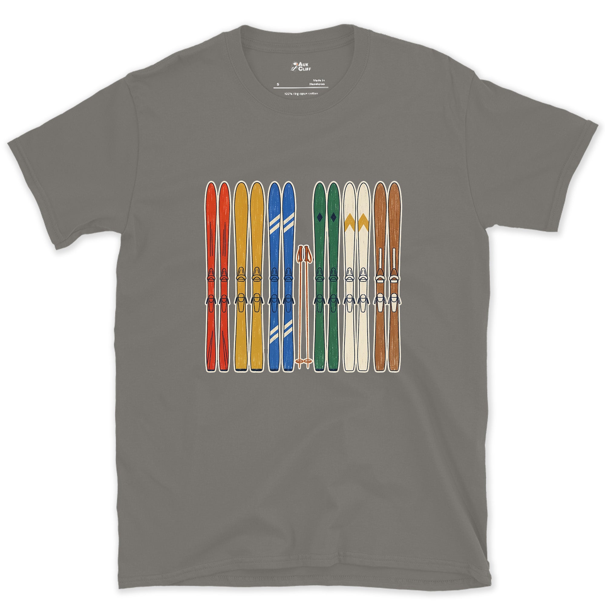 Racked Up and Ready, the Whole Ski Quiver design on a Charcoal Gildan Softstyle t-shirt